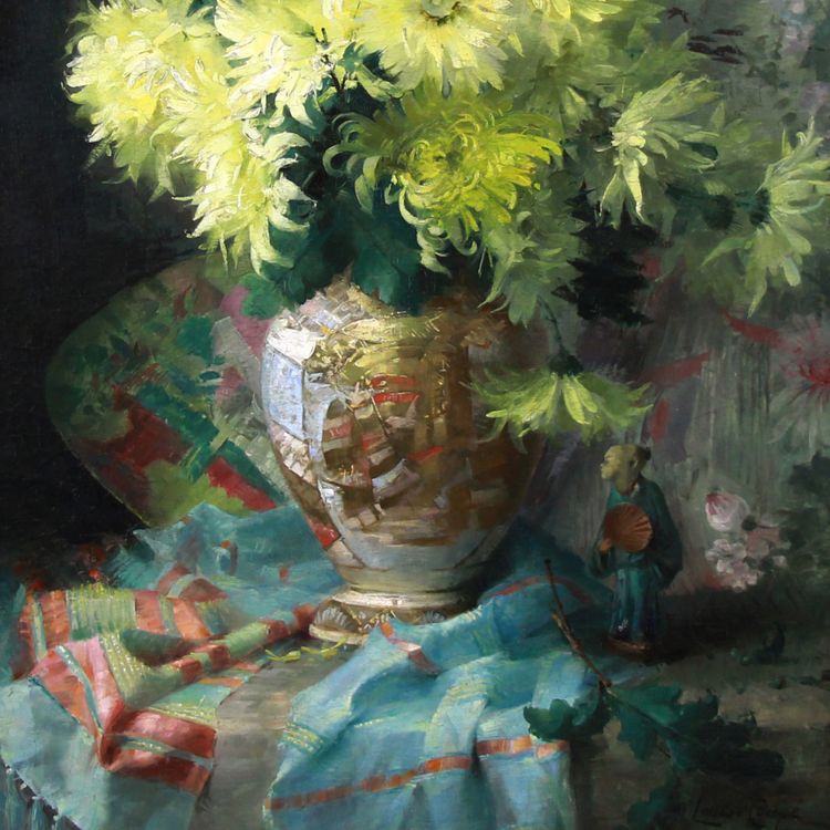 Olio su tela Natura morta con fiori e porcellana giapponese Satsuma