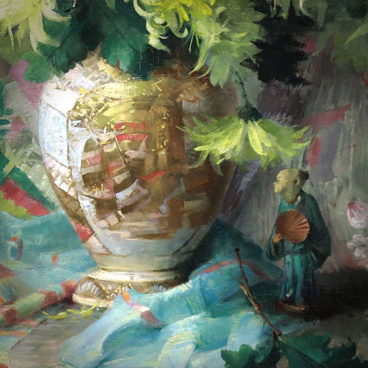 Olio su tela Natura morta con fiori e porcellana giapponese Satsuma
