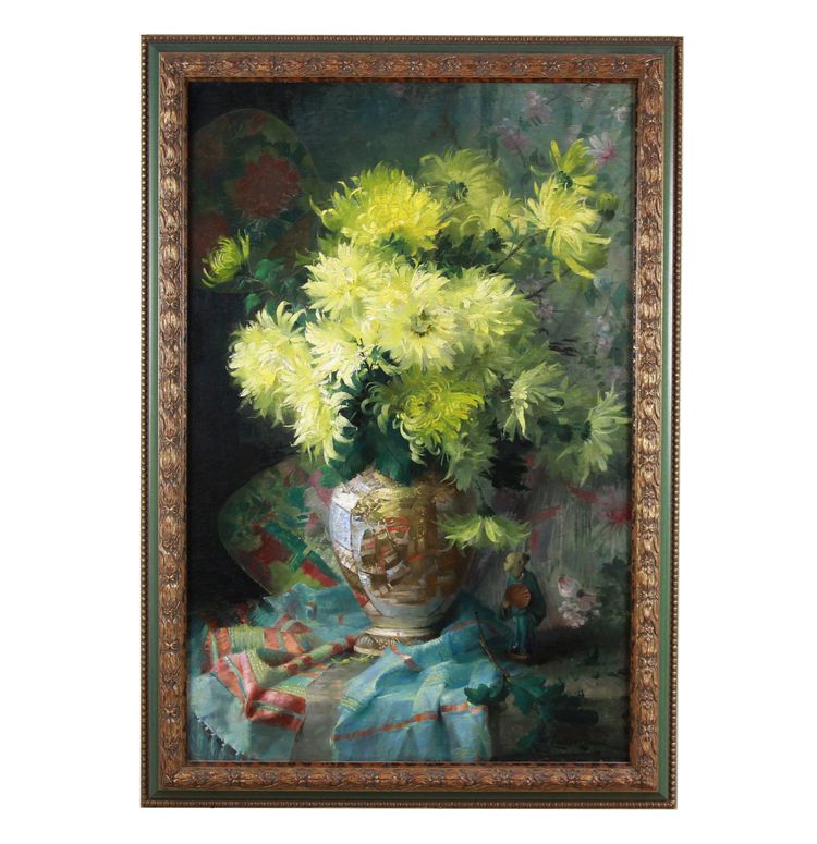 Olio su tela Natura morta con fiori e porcellana giapponese Satsuma