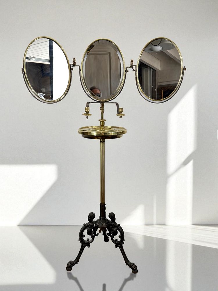 NAPOLEON III PERIOD BRASS TRIPTYCH BARBER MIRROR ADJUSTABLE IN HEIGHT