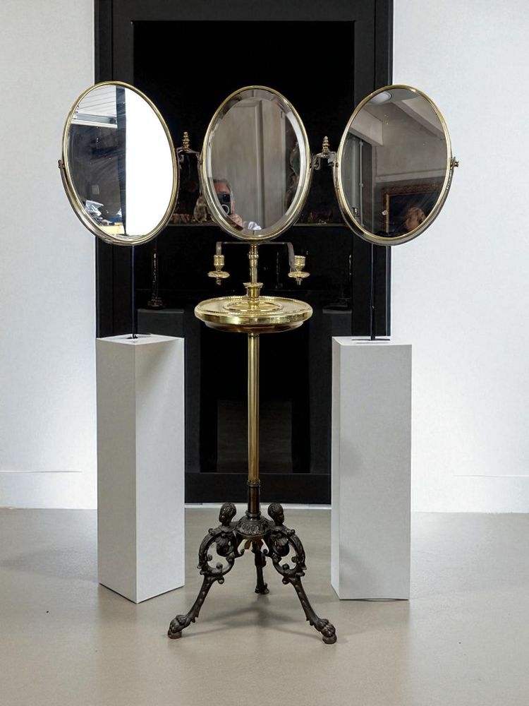 NAPOLEON III PERIOD BRASS TRIPTYCH BARBER MIRROR ADJUSTABLE IN HEIGHT
