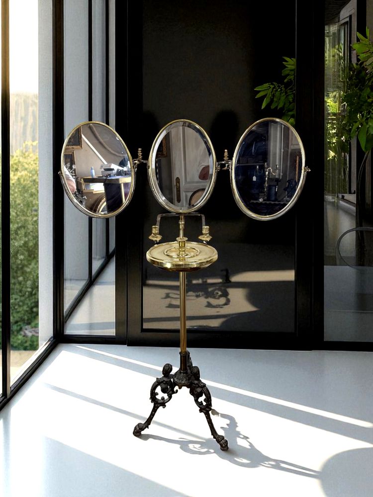 NAPOLEON III PERIOD BRASS TRIPTYCH BARBER MIRROR ADJUSTABLE IN HEIGHT