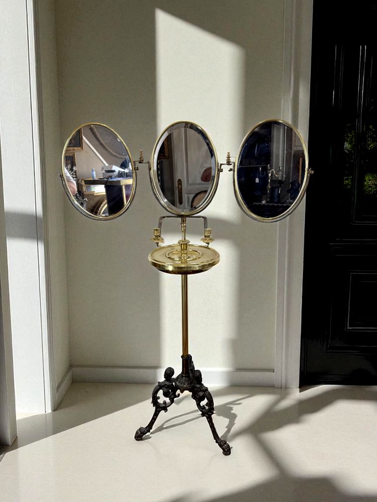 NAPOLEON III PERIOD BRASS TRIPTYCH BARBER MIRROR ADJUSTABLE IN HEIGHT