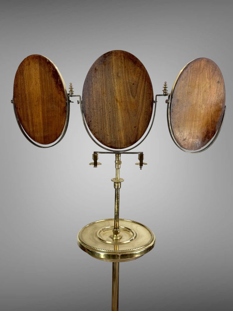 NAPOLEON III PERIOD BRASS TRIPTYCH BARBER MIRROR ADJUSTABLE IN HEIGHT