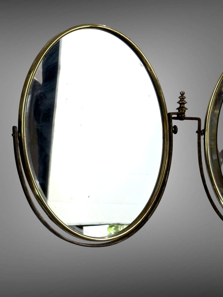 NAPOLEON III PERIOD BRASS TRIPTYCH BARBER MIRROR ADJUSTABLE IN HEIGHT