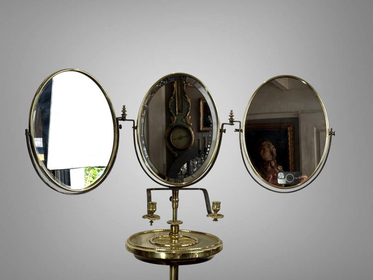 NAPOLEON III PERIOD BRASS TRIPTYCH BARBER MIRROR ADJUSTABLE IN HEIGHT