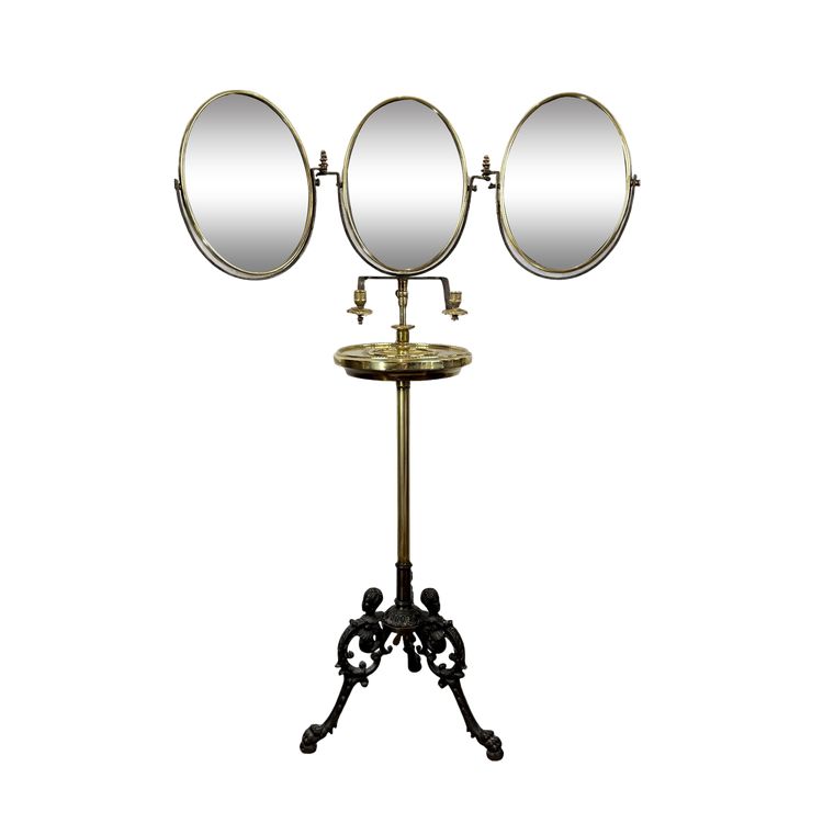 NAPOLEON III PERIOD BRASS TRIPTYCH BARBER MIRROR ADJUSTABLE IN HEIGHT