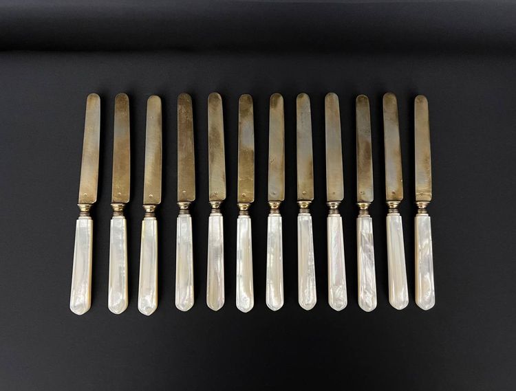 Set of 12 Minerve silver knives B.Lorillon (Paris,1854-1857), monogrammed mother-of-pearl handles
