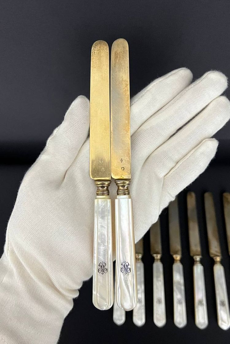 Set of 12 Minerve silver knives B.Lorillon (Paris,1854-1857), monogrammed mother-of-pearl handles