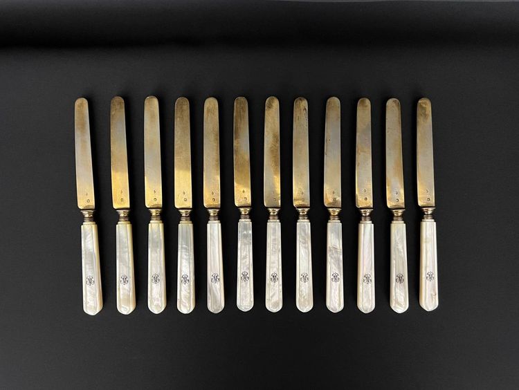Set of 12 Minerve silver knives B.Lorillon (Paris,1854-1857), monogrammed mother-of-pearl handles