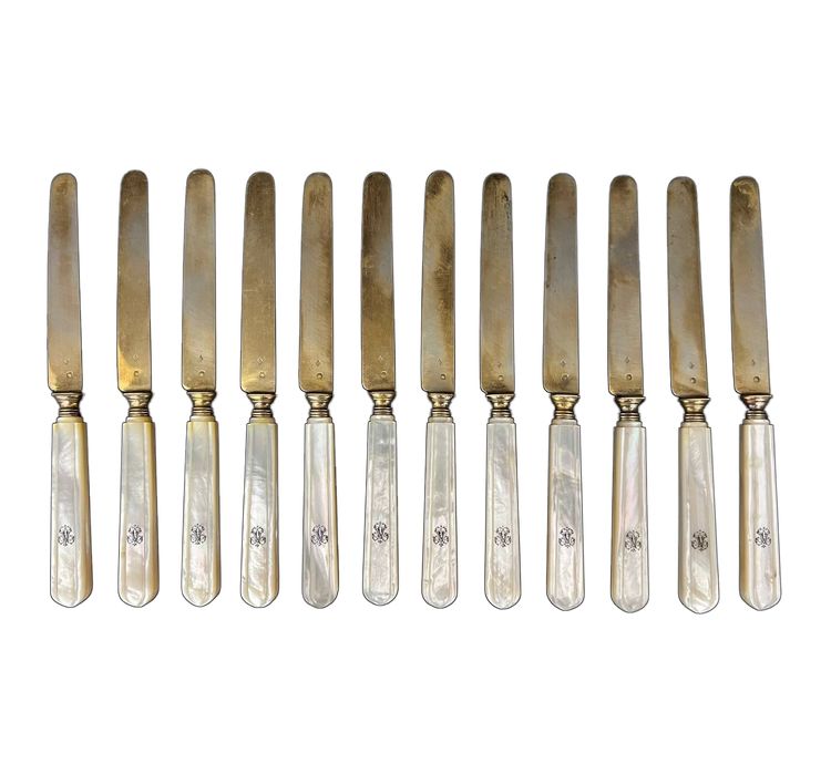 Set of 12 Minerve silver knives B.Lorillon (Paris,1854-1857), monogrammed mother-of-pearl handles