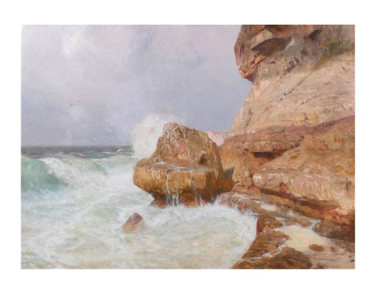 Thomas LEITNER 1876-1948 Paysage de bord de mer, effet de vague, grand tableau, 1906