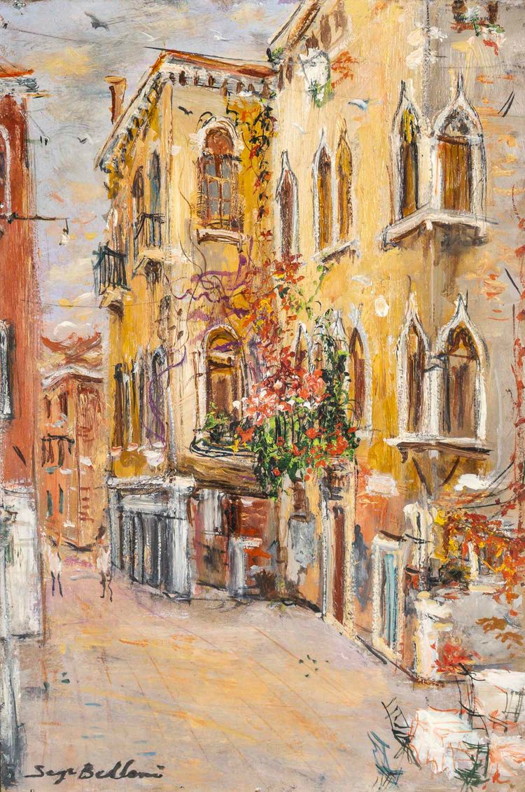 Serge Belloni (1925-2005) - Blumige Gasse im Venedig Authentisches Öl auf Leinwand um 1980