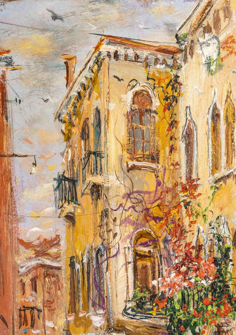 Serge Belloni (1925-2005) - Blumige Gasse im Venedig Authentisches Öl auf Leinwand um 1980