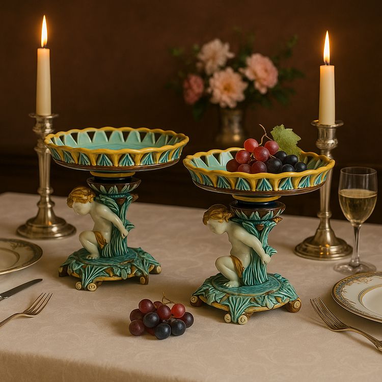 Coppia di coppe Barbotine - Decorazione a putti - XIX secolo