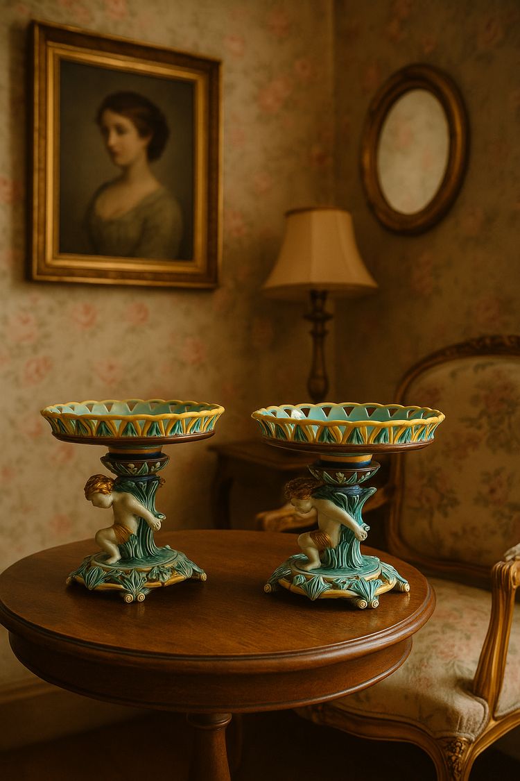 Coppia di coppe Barbotine - Decorazione a putti - XIX secolo