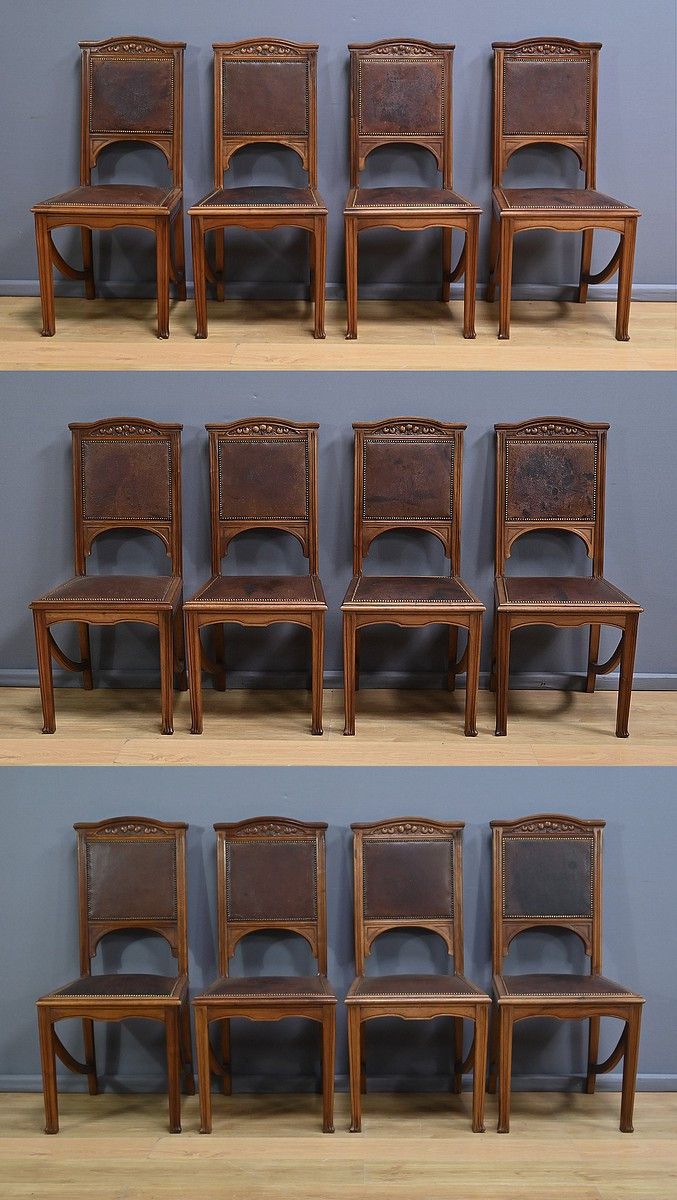 Suite di 12 sedie in noce, Art Nouveau - Inizio XX secolo