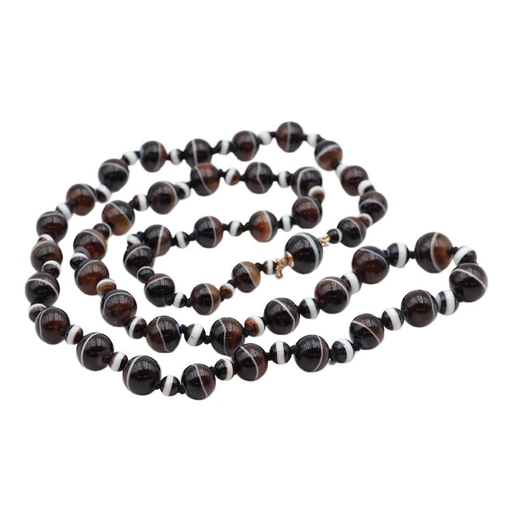 Sautoir ancien agate rubanée, fermoir en or 14k, collier de deuil, agate noire, onyx, bijoux anciens