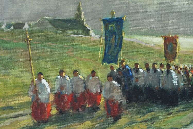 Painting "La Procession" by A. Deaufreton - Early 20th century