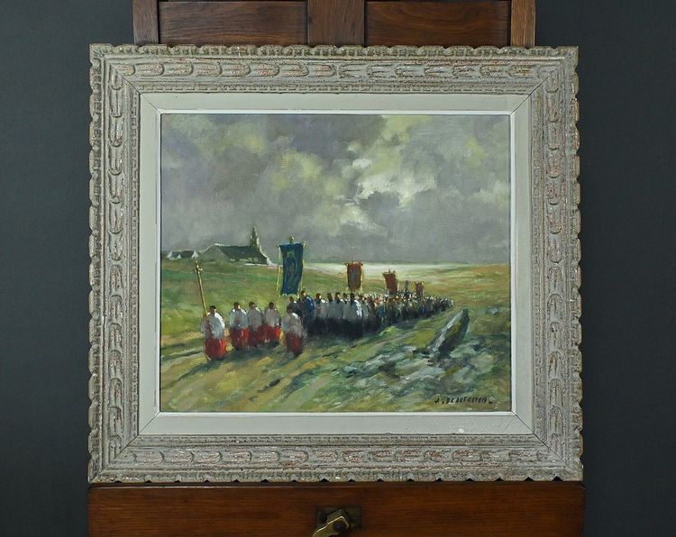 Painting "La Procession" by A. Deaufreton - Early 20th century