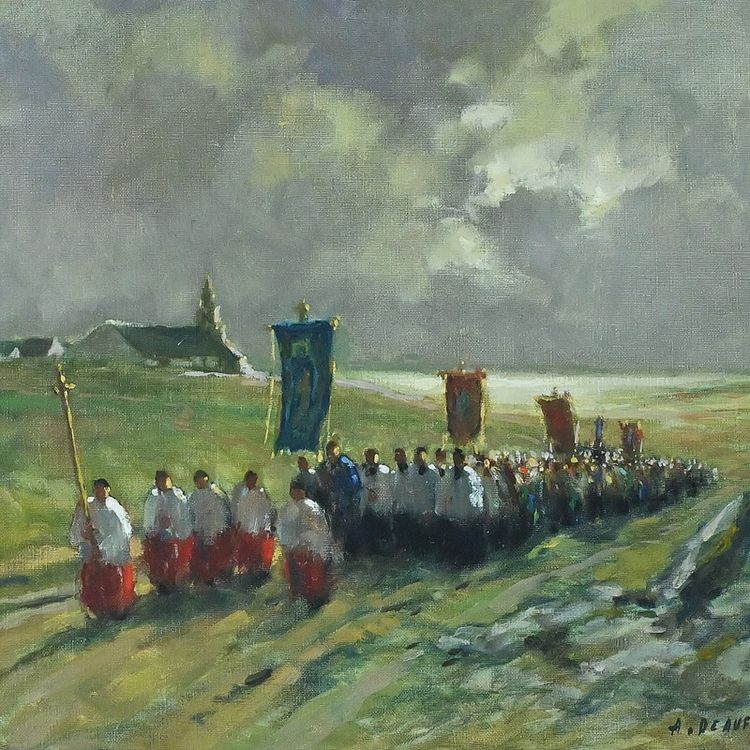 Painting "La Procession" by A. Deaufreton - Early 20th century