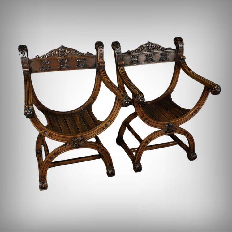 Pair of Dagobert Armchairs in Walnut, Medieval style - Late 19th century