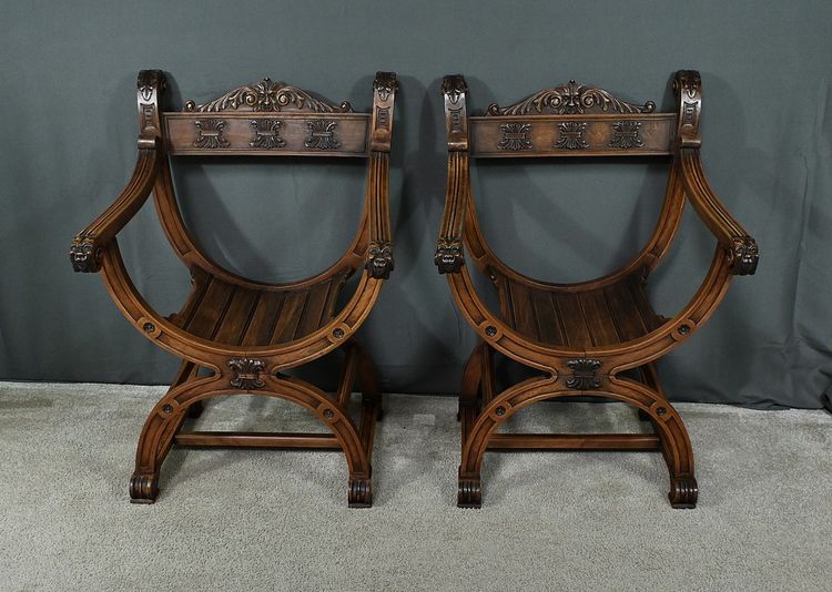 Pair of Dagobert Armchairs in Walnut, Medieval style - Late 19th century