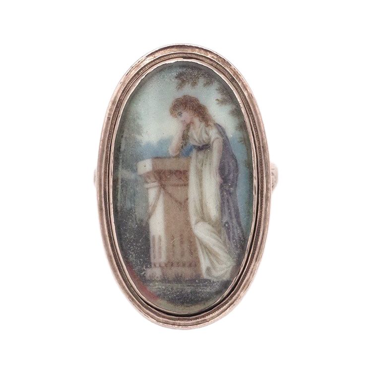Bague souvenir miniature XVIIIe siècle en or bas titre, bague ovale, bijou de sentiment, 1780