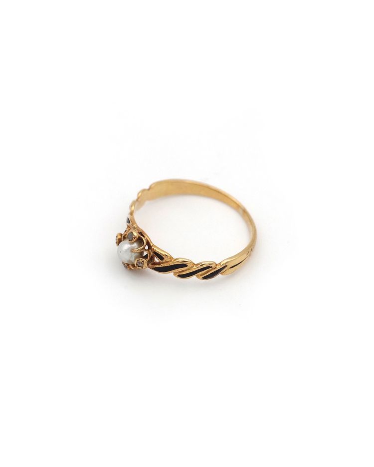 Anello in smalto nero con perle e diamanti in oro 18 ct, anello Napoleone III, perla fine, diamanti
