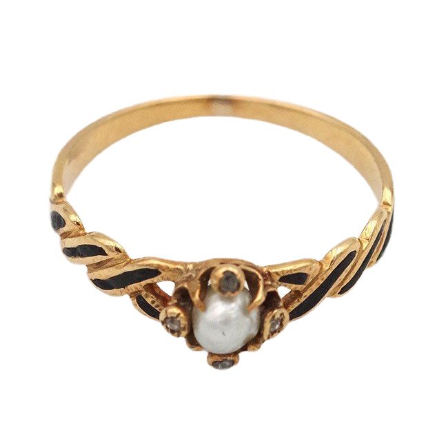 Anello in smalto nero con perle e diamanti in oro 18 ct, anello Napoleone III, perla fine, diamanti