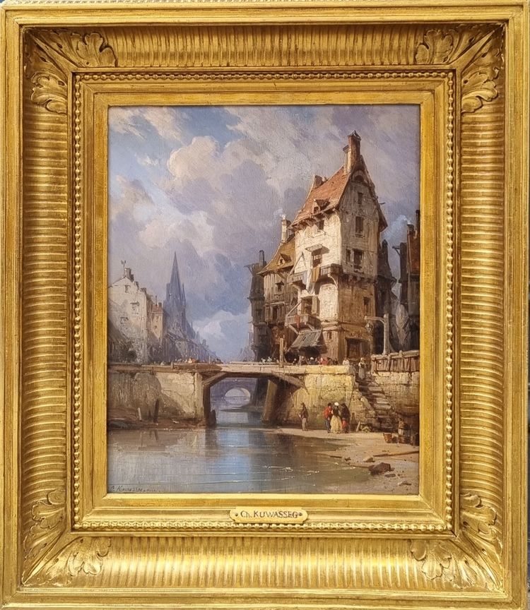 Charles Euphrasie KUWASSEG  - Vue animée d'une ville normande près de la mer