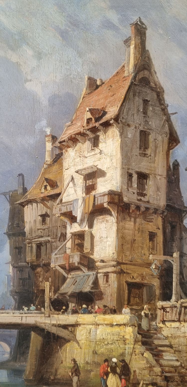 Charles Euphrasie KUWASSEG  - Vue animée d'une ville normande près de la mer