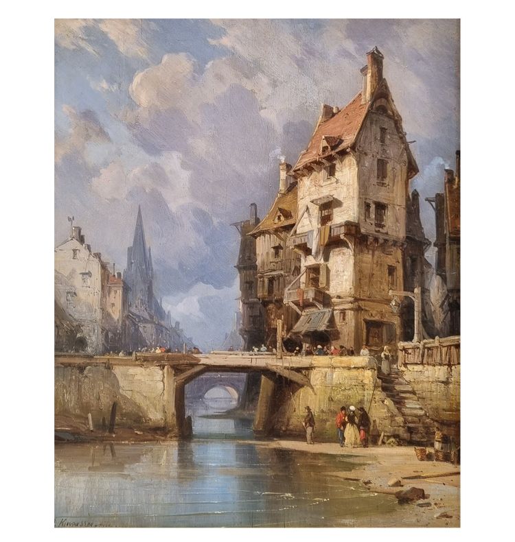 Charles Euphrasie KUWASSEG  - Vue animée d'une ville normande près de la mer