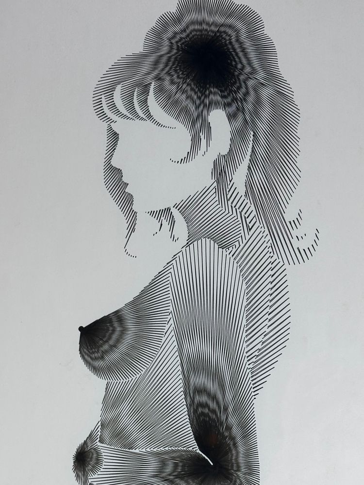 Graphic drawing framed under glass "silhouette" signed 1970'S