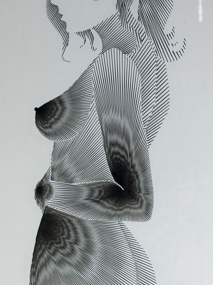 Graphic drawing framed under glass "silhouette" signed 1970'S