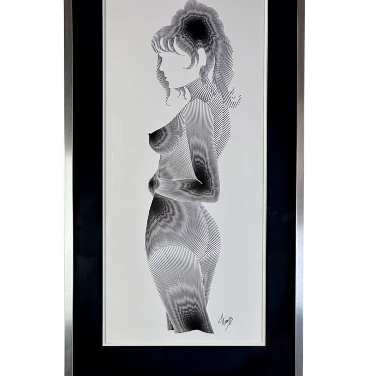 Graphic drawing framed under glass "silhouette" signed 1970'S