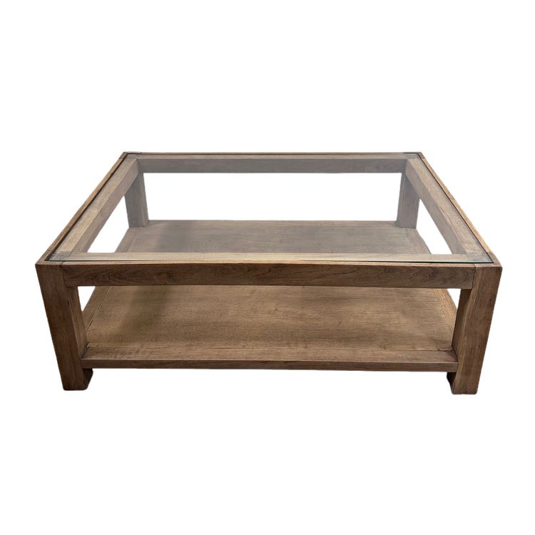 Table basse brutaliste en chêne avec un plateau verre