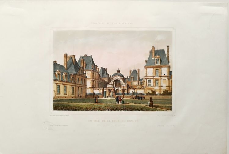 Fontenebleau Castle Watercolored Lithograph By Philippe Benoist 19th C Old Print