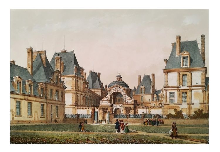  Fontenebleau Castle Watercolored Lithograph By Philippe Benoist 19th C Old Print