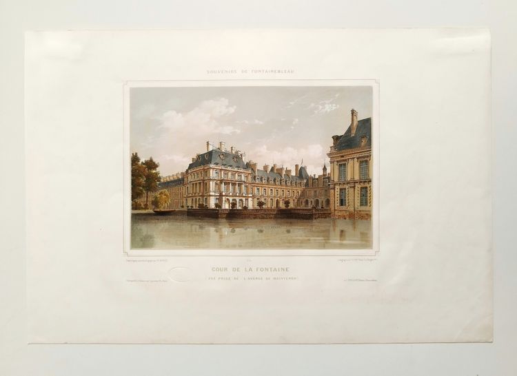 Fontenebleau Castle Watercolored Lithograph By  Philippe Benois 19th Century Old Print