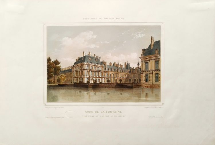Fontenebleau Castle Watercolored Lithograph By  Philippe Benois 19th Century Old Print
