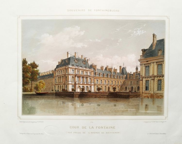 Fontenebleau Castle Watercolored Lithograph By  Philippe Benois 19th Century Old Print