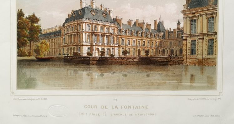 Fontenebleau Castle Watercolored Lithograph By  Philippe Benois 19th Century Old Print