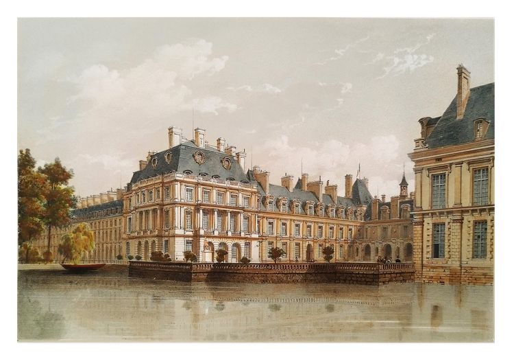 Fontenebleau Castle Watercolored Lithograph By  Philippe Benois 19th Century Old Print