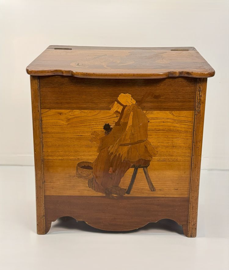 Firewood holder inlaid with different woods, 19th / 20th century