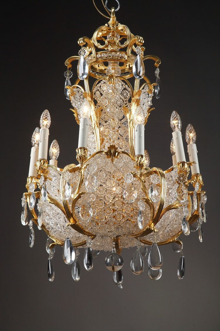 Lampadario a cestello in cristallo e ormeggio, fine XIX secolo
