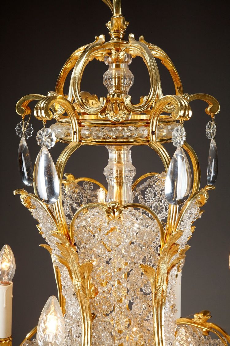 Lampadario a cestello in cristallo e ormeggio, fine XIX secolo