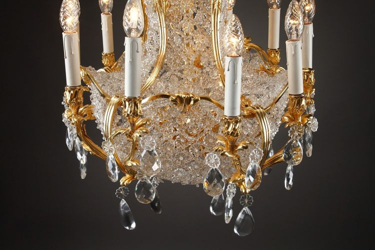 Lampadario a cestello in cristallo e ormeggio, fine XIX secolo