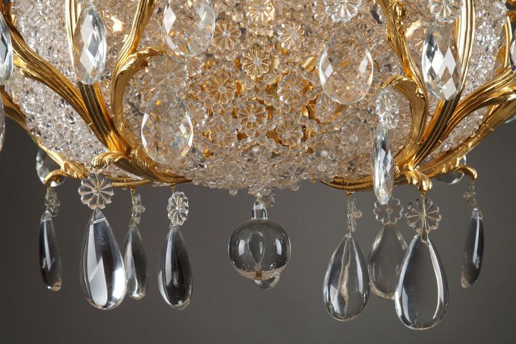 Lampadario a cestello in cristallo e ormeggio, fine XIX secolo