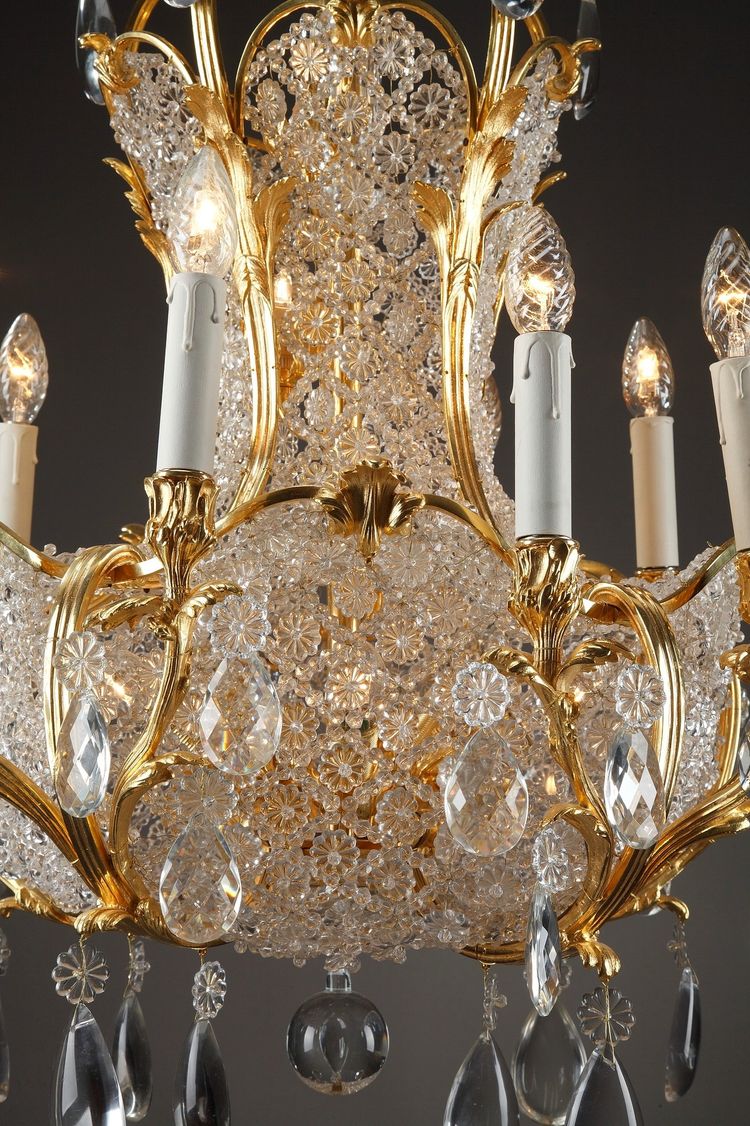 Lampadario a cestello in cristallo e ormeggio, fine XIX secolo